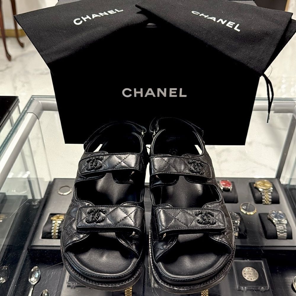 Authentic! BLACK Chanel Quilted Leather Dad Sandals box & dust covers SIZE 38C